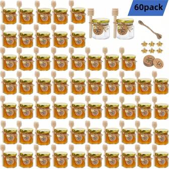 12/20/30/50/60pcs Mini Honey Pots With Dipper, Hexagon Glass Honey Jars With Lids, Glass Sugar Jars, Kitchen Glass Airtight Jars, 1.5/2/3oz Various Capacity Options, Comes With Bee Charm, Jute Rope, Card Tags, Great For Baby Shower Gifts, Wedding Favors, Party Gifts