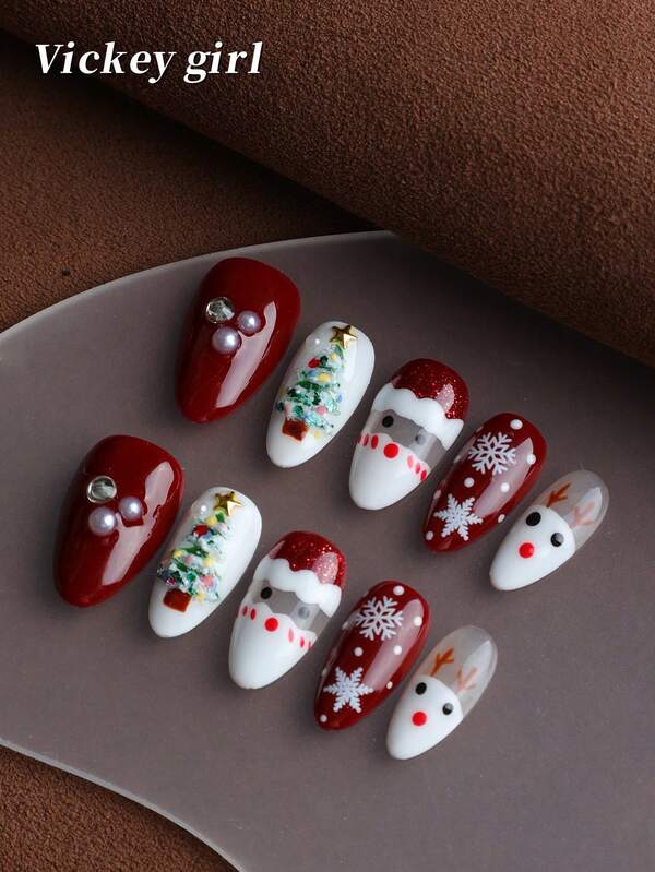 10 قطع أظافر حمراء من نوع اللوز مضغوطة، هدايا عيد الميلاد بسيطة واحتفالية