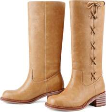 Women's Knee High Chunky Block Heel Square Toe Low Heel Boots, Style - Lace Brown - View 4