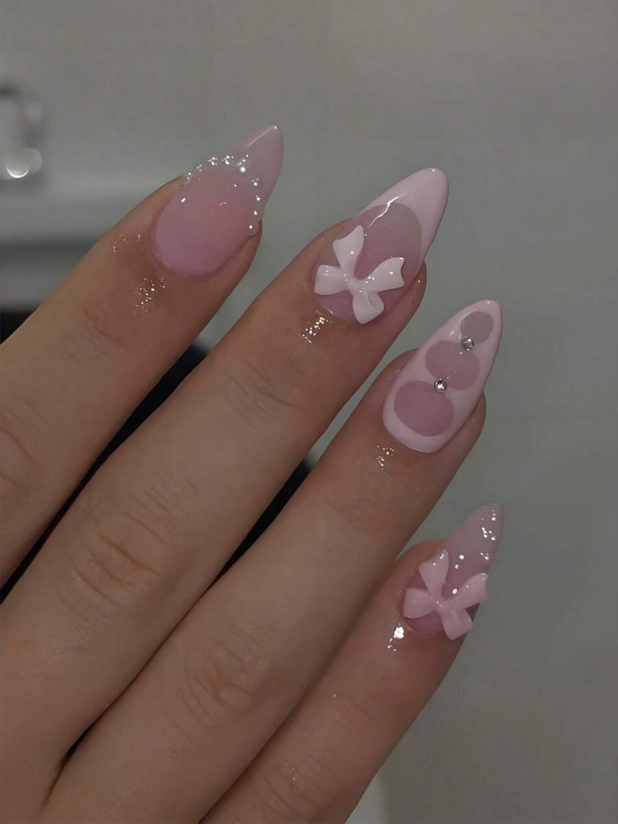 24pcs Medium Almond Press On Nails Pink French Tip Nails With Bowknot Pearls Design Sweet Style For Women Girls Fake Nails Art Daily Dating Office Home Party