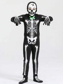 4pcs Boys' Glow-In-The-Dark Horror Bowknot, Skeleton Jumpsuit Costume For Halloween Cosplay Party Performance