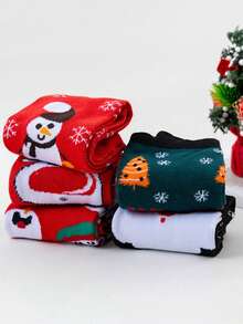 5 Pairs Random Women's Christmas Themed Mid-Calf Socks, Autumn/Winter