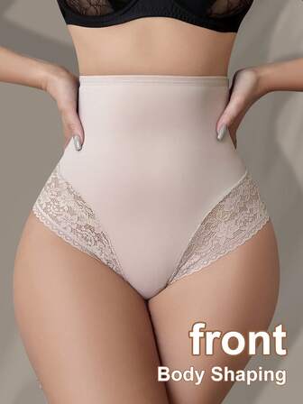 单件式无缝高腰塑身丁字裤 - 女士束腰带，蕾丝拼接腿部开口，柔软舒适面料