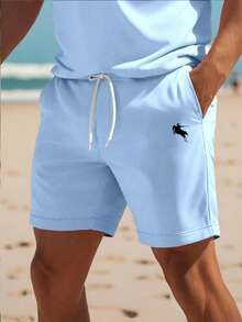 男士休闲通勤骑士短袖 Polo 衫和抽绳腰短裤套装 - 藍色 - 查看 3