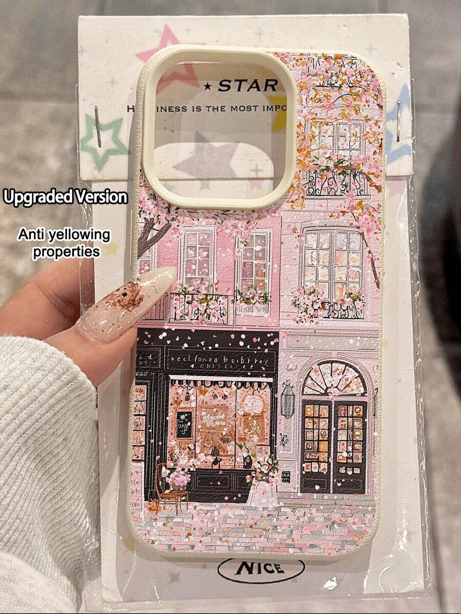 1pc Fashionable Minimalist Fallen Flower Cafe Pattern Litchi Texture Waterproof Shockproof Anti-Slip Soft Phone Case, Suitable As Birthday/Holiday Gift For Friends, Family, Couples, Compatible With Apple// Phones - Multicolor - View 1