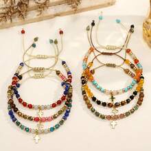 Luxury Gold Spacer Cross Beaded Bracelet, Polished Stone & Turquoise Accent, Versatile Accessory For Everyday Wear