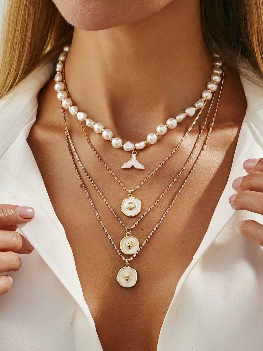 1 Set de 4/3 buc Colier și Brățară Elegant cu Lanț de Aur și Perlă Artificială - Bijuterii Versatile din Aliaj, Potrivite pentru Purtare Zilnică