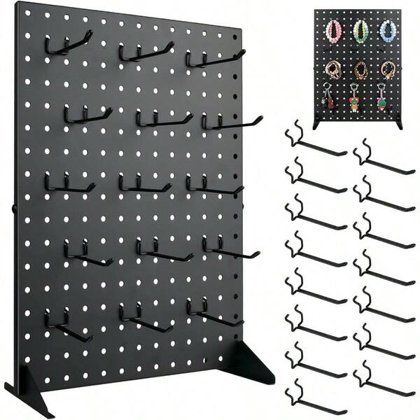 Metal Pegboard Display Stand With 15 Peg Board Hooks Accessories, Desk Pegboard Panels, Merchandise Display Rack Selling Accessories Vendors Events Retail Shows Fairs 17*13Inch, Black