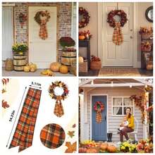 Fall Buffalo Plaid Cotton Wreath Sash Front Door Orange Wreaths Satin Sash Burlap Garland Ribbon Accessories Wreath Yard Doorway Indoor Outdoor Bow Autumn Home Decor, 5.1x 54.3 - Dark Orange Plaid - View 1