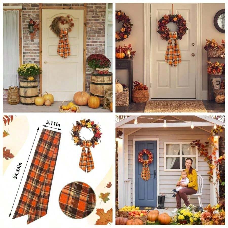 Fall Buffalo Plaid Cotton Wreath Sash Front Door Orange Wreaths Satin Sash Burlap Garland Ribbon Accessories Wreath Yard Doorway Indoor Outdoor Bow Autumn Home Decor, 5.1x 54.3 - Dark Orange Plaid - View 1