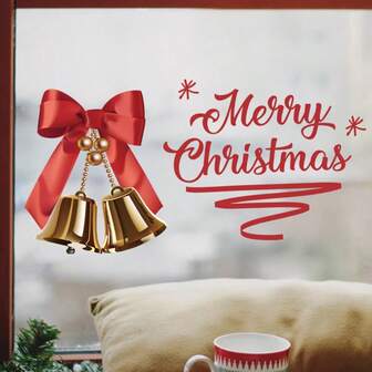Self-Adhesive Red Bow & Golden Bells Windows Stickers - Self-Adhesive Plastic Christmas Bathroom Decals For Windows, Walls, Doors, Fridge - Easy Peel & Stick Removable Holiday Decorations, (No Residue) - Festive Bowknot & Bell & "Merry Christmas"