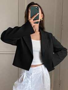 Livesso Spring And Autumn Casual Solid Color Turn-Down Collar Short Blazer Jacket,Fall Women Clothes - Black - View 2