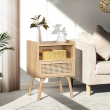 Rattan Nightstand, Boho Side Table With Drawer Open Shelf, Cane Accent Bedside End Table With Solid Wood Legs For Bedroom, Dorm And Small Spaces (Natural) - 自然的 - 查看 3