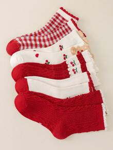 5双儿童袜子秋冬红色中筒袜冬季宝宝新年袜子可爱小熊甜美蕾丝袜时尚樱桃图案设计适合日常或节日穿着