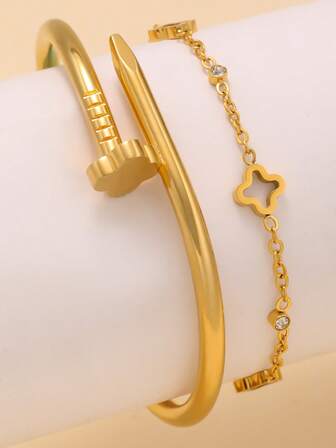 سوار وأساور جديدة عصرية من الفولاذ المقاوم للصدأ بتصميم ورقة البرسيم رباعية الأوراق، مناسبة للاستخدام اليومي للنساء