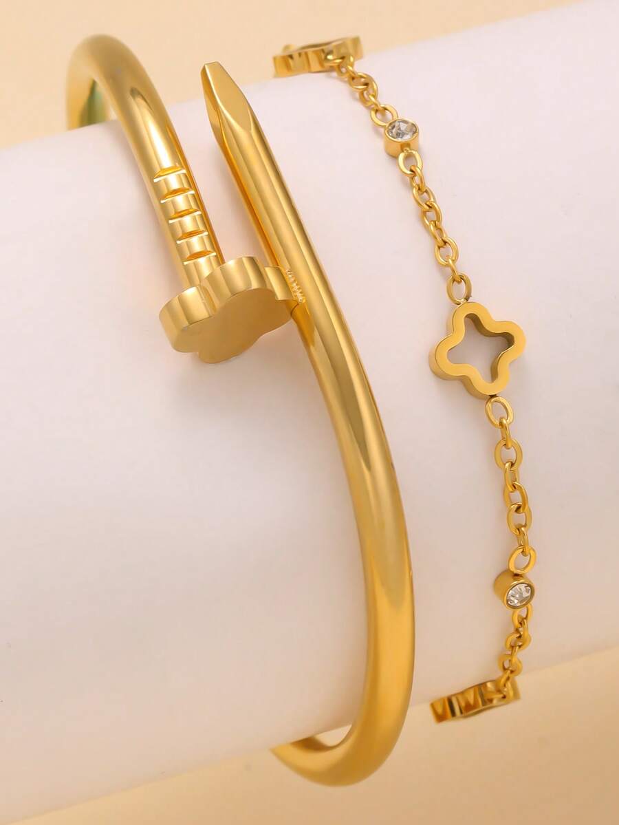 New Fashionable Vintage Stainless Steel Four-Leaf Clover Bracelet & Bangle Set, Suitable For Women's Daily Wear - Yellow Gold - View 1