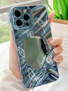 1pc Fashionable 3D Electroplated Blue Wavy Textured Mirror Slogan Butterfly Pattern Phone Case Compatible With IPhone 16/16 Pro/16 Pro Max, 15/15 Pro/15 Plus/15 Pro Max, 14/14 Pro/14 Plus/14 Pro Max, 13/13 Pro/13 Pro Max, 12/12 Pro/12 Pro Max, 11/11 Pro/11 Pro Max, X/XS/XR/XS Max, 7/8/7 Plus/8 Plus