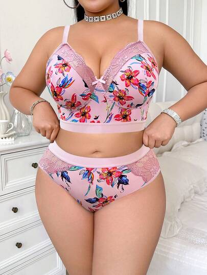 Plus Size Women Floral Print Bra Set, Wireless Soft & Comfortable Lingerie Set