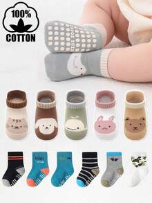 6双/12双装棉质点胶儿童袜，男女童中筒袜，卡通图案，透气防滑袜 - 彩色 - 查看 12