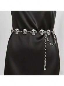 Fashionable Gothic Skull Halloween Silver-Plated Waist Chain, Suitable For Witch Costume Parties, Occult-Themed Gatherings & Mystical Spooky Styling