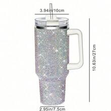 1pc 40 Oz Tumbler With Handle And Straw Lid, Studded Bling Diamond Tumbler, Stainless Steel Insulated Water Cup, Double Wall Travel Mug Fix For Car Cup Holder For Women - 白色 - 查看 5