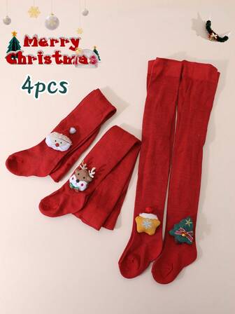 4双女婴圣诞卡通驯鹿和圣诞老人装饰红色连裤袜，适合圣诞节假日搭配