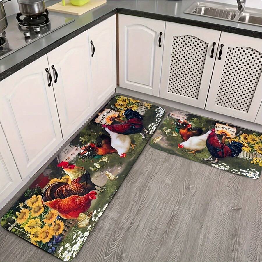 3pcs Set Farmhouse Chicken Flock Flannel Area Rugs, 1cm Thick, Non ...