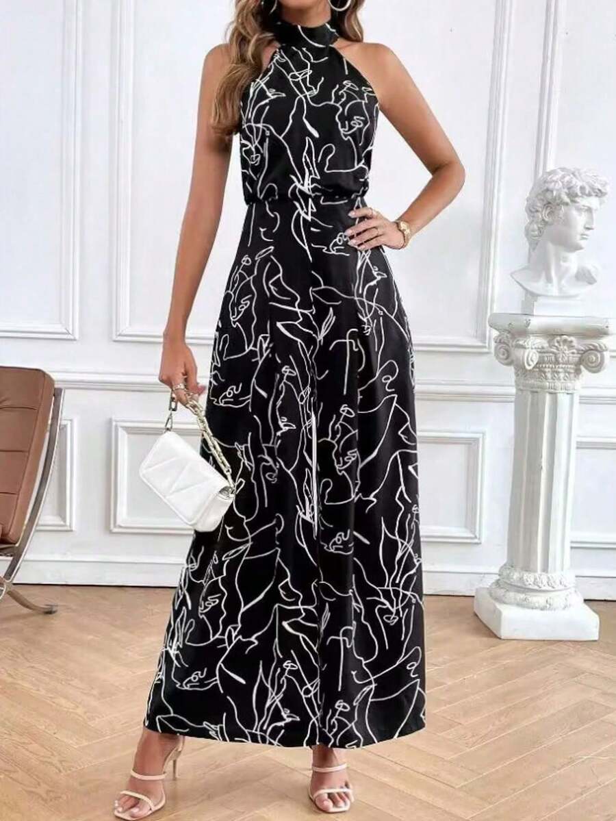 Stylish Women's Holiday Jumpsuit With All-Over Print And Slanted Pockets With Straps, Perfect For Summer! - Black and White - View 1