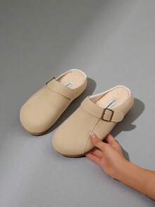 2025秋冬新款杏色蓬松一脚蹬休闲平底圆头鞋，纯色设计，轻便舒适，适合居家穿着 - 杏色 - 查看 4