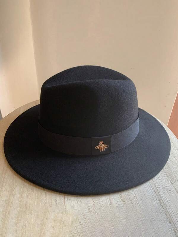 1pc Autumn/Winter Fashionable Wide Brim Hat With Bee Embellishment, Unisex Wool Felt Panama Jazz Soft Cap, Suitable For Outdoor Walking, Skiing, Cycling, Daily Wear