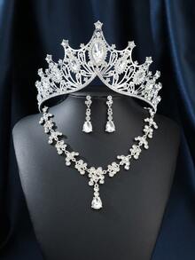 4pcs Elegant Rhinestone Queen Crown Necklace Earrings Set, Bridal Wedding Crown Hair Accessories, Women Party Occasion Jewelry Decoration Valentine's Day Accessories - HG057-TL150 - 查看 13