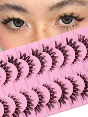 10 คู่ Veleasha ขนตาปลอมลายการ์ตูน, ขนตาตาแมว, ขนตาแหลม, ขนตาปลอมงอน C ดูเป็นธรรมชาติพร้อมแถบผ้าฝ้ายนุ่ม (Sunshine)