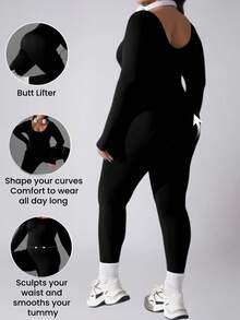 1 buc Salopetă modelatoare confortabilă pentru femei, mărime plus, fără cusături, culoare solidă, cu guler rotund, salopetă de yoga la modă, cu mânecă lungă, prietenoasă cu pielea, ajustează figura, subțiază talia și ridică fesele, potrivită pentru yoga, sport și antrenament