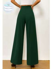 Pantalones de Pierna Ancha y de Cintura Alta - Verde Oscuro - Ver 3