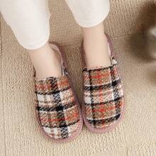 Women's Fashion Plaid Thermal Lined Slippers, Couples Bohemian Style Thick Warm Indoor House Slippers - Red Brown Grid - View 3
