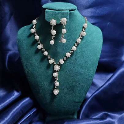 1pc Faux Pearl Necklace 3 Pieces Set, Bridal Jewelry Set, Accessories, Sunflower Crystal Faux Pearl Necklace & Earrings 2 Pieces Set, Wedding Decor, Holiday Gift, Party Necklace Set