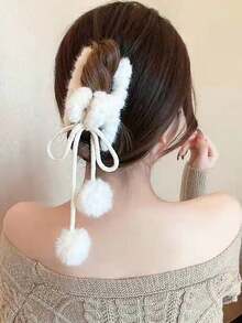 Autumn & Winter Traditional Style Tassel Pom-Pom Pendant Plush Claw Clip - A Hair Accessory For Girls, Suitable For High Ponytails & Updos At The Back Of The Head - trắng - Xem 4