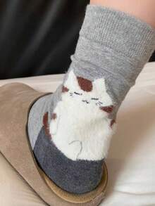 1/4 Pairs Cute Cartoon Kitten Heel Comfortable Mid-Calf Socks, New Autumn Collection Christmas Gift - Multicolor - View 3