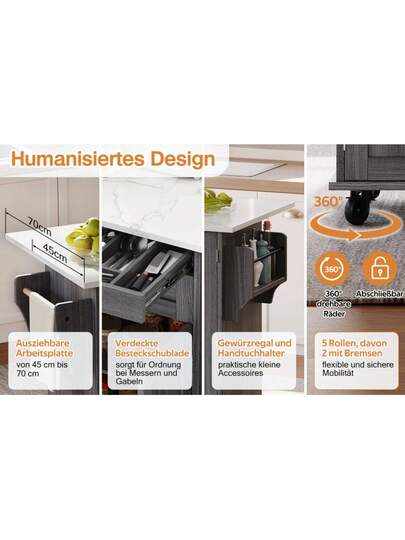 120*45cm, Mobile Kitchen Isl Trolley, Worktop Extends Up To 70cm, Hidden Cutlery Drawer, Adjustable Shelves, Spice Rack Towel Holder, Kitchen, Dining Room Or Living view 8