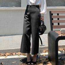 Livesso 女式人字纹羊毛混纺直筒九分裤，秋冬休闲长裤