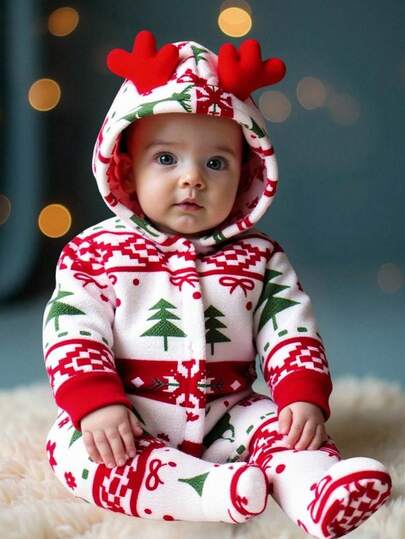 Baby Mädchen Weihnachts Cartoon Plüsch Hirschgeweih Kapuzen Flanell Schneeflocke Hirsch Muster Schlafanzug mit Füßen