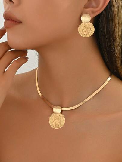 2pcs/Set Middle Eastern Hip-Hop Necklace + Earrings Jewelry Set For Women, Fashion Geometric Shape, Textured Round Disc, Coin Pendant Necklace, Metal Chain Choker, Elegant Luxury Gift For Daily, Party, Holiday