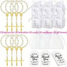 120pcs Baptism Shower Wedding First Communion Decoration Kit, Includes 30pcs Mini Beads, 30pcs Cross-Shaped Small Boxes, 30pcs Organizational Gift Bags, 30pcs Thank You Kraft Paper Labels, Made Of Plastic, For Wedding, Shower, Baptism, First Communion, Spring, Summer, Fall, Winter - 彩色 - 查看 31