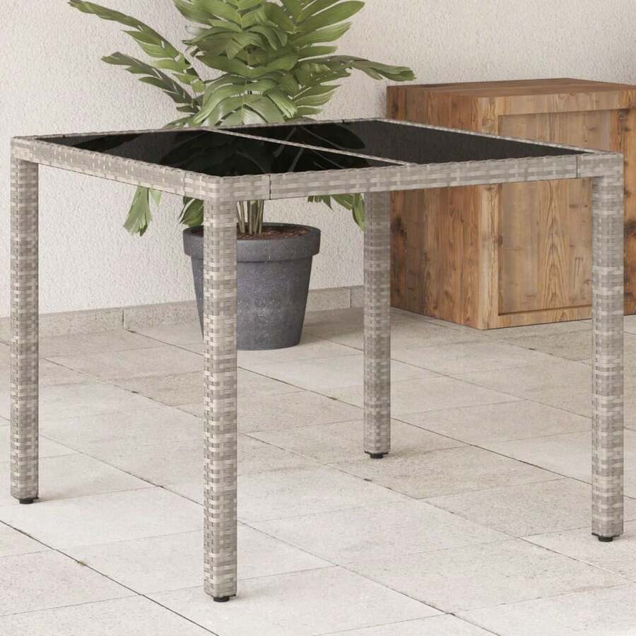 Garden Table With Glass Top Light Grey 90x90x75 Cm Poly Rattan - Grey - View 1
