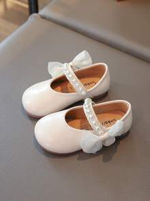 1 Pair New Baby Girls' Pearl Bow PU Hook And Loop Design Princess Style Flat Shoes, Pink, Suitable For Spring/Autumn - Beige - View 9