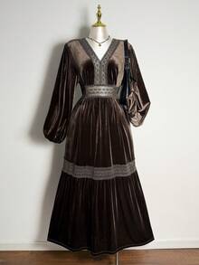 Rusttydustty 大码女士波西米亚风茶会及日常度假天鹅绒V领连衣裙，巧克力棕色长袖优雅礼服 - 棕色 - 查看 2