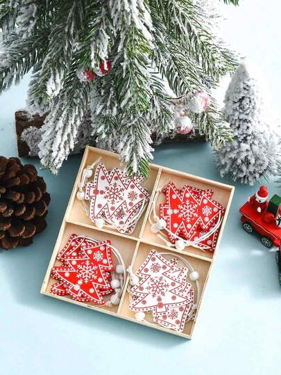 12 pezzi Decorazioni per albero di Natale, Decorazioni natalizie in legno da appendere, Pezzi per albero di Natale rossi e bianchi da appendere, Etichette regalo artigianali per la casa