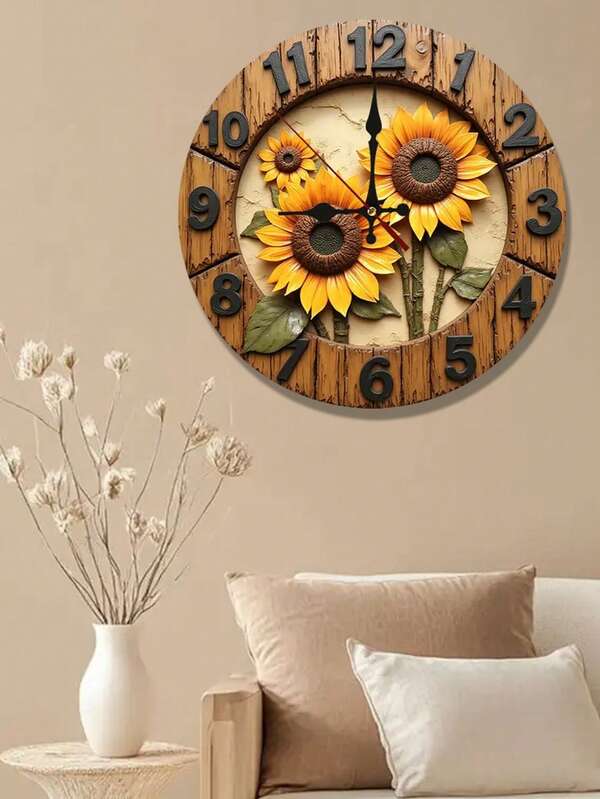 [Horloge murale tournesol rustique] Horloge murale en bois rustique de tournesol de 10 pouces/12 pouces | Mouvement à quartz silencieux sans tic-tac, design vibrant de tournesol jaune et de feuille verte, finition en bois naturel, fonctionne sur pile (pile AA non incluse) - Parfait pour le salon, la chambre à coucher, la décoration de cuisine