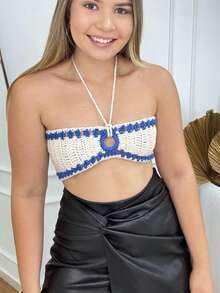 Crochet Strapless Cropped Top With Ties, Hoop Style, Summer, Various Sizes - 藍色和奶油色 - 查看 5