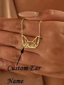 Customized Dog Ear Name Necklace, Personalized Pet Name Necklace, Customized Gold Name Necklace With Pet Ears, Stainless Steel Silver, Gold Name Pendant, Dog Anniversary Gift, Valentine's Day Gift, Christmas, Halloween Gift - Multicolor - View 1
